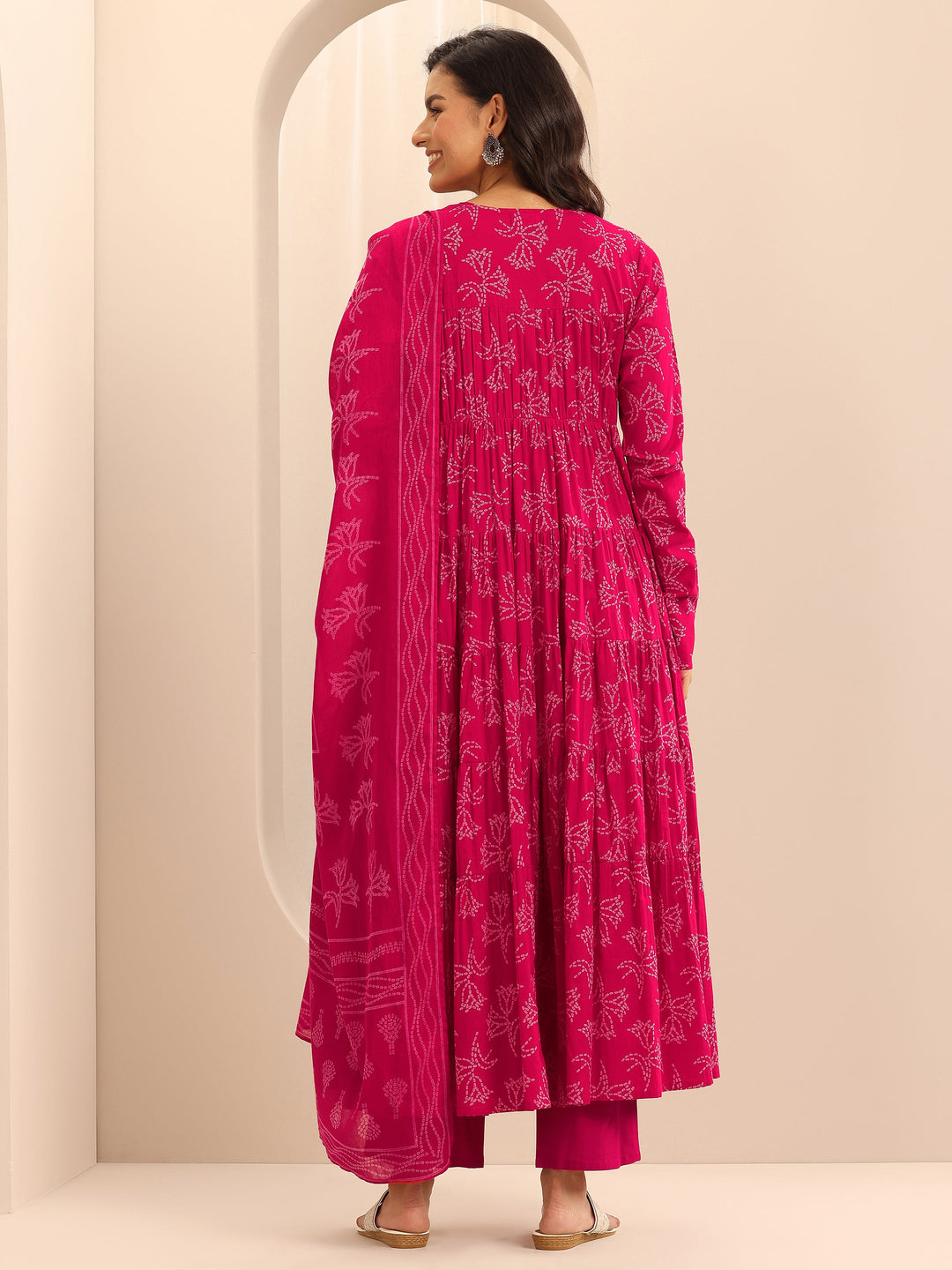 Pink Printed Cotton Anarkali Suit Set With Dupatta