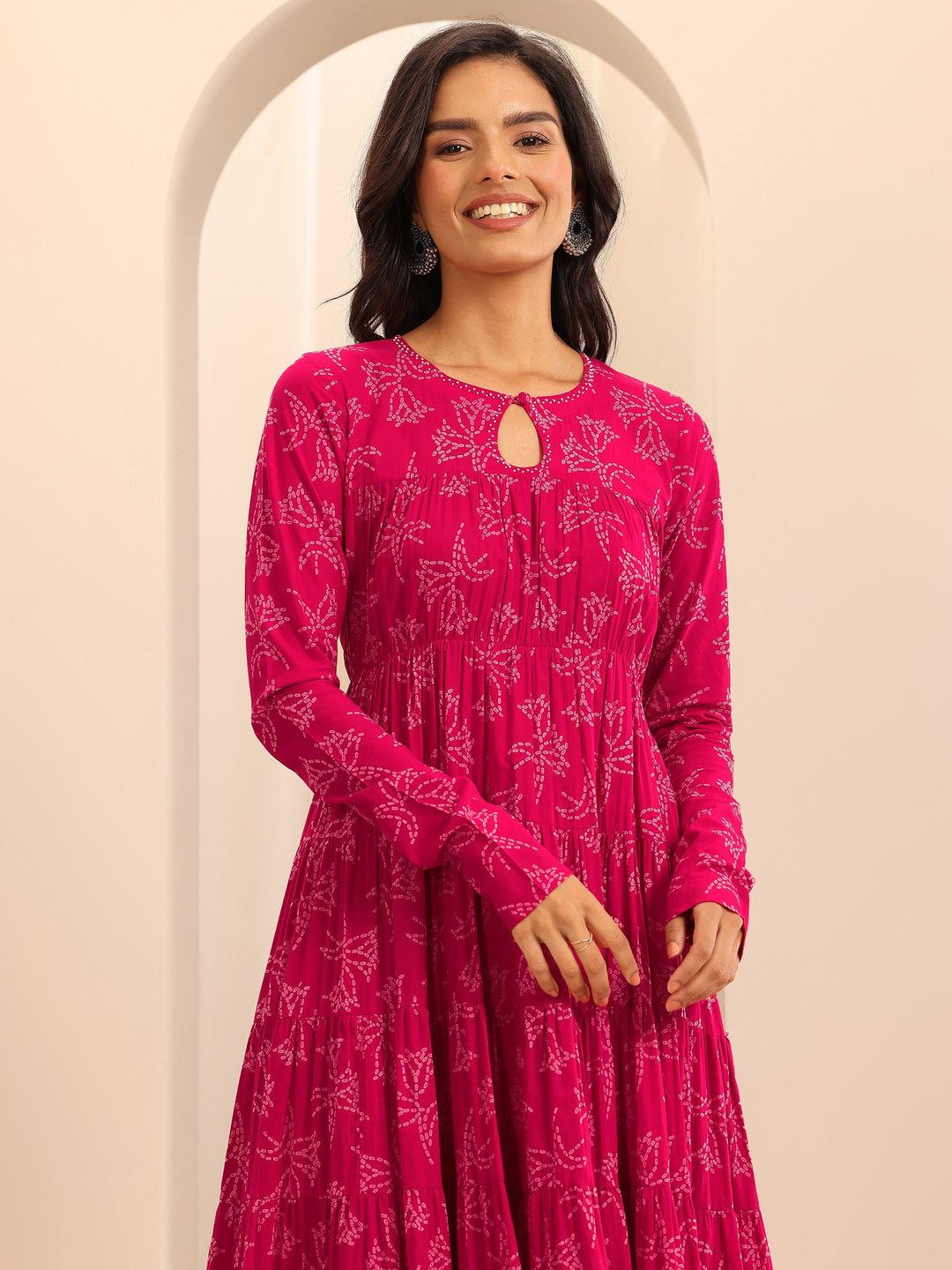 Pink Printed Cotton Anarkali Suit Set With Dupatta