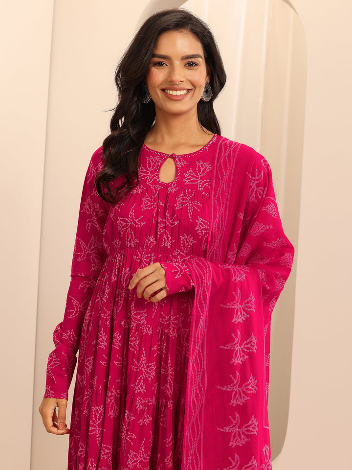 Pink Printed Cotton Anarkali Suit Set With Dupatta