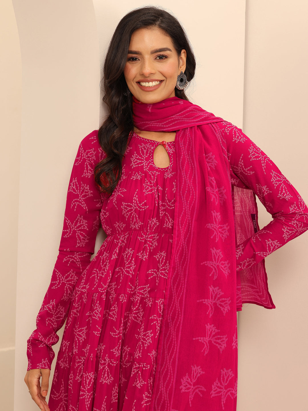 Pink Printed Cotton Anarkali Suit Set With Dupatta