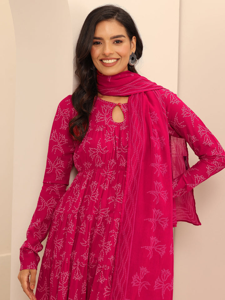 Pink Printed Cotton Anarkali Suit Set With Dupatta