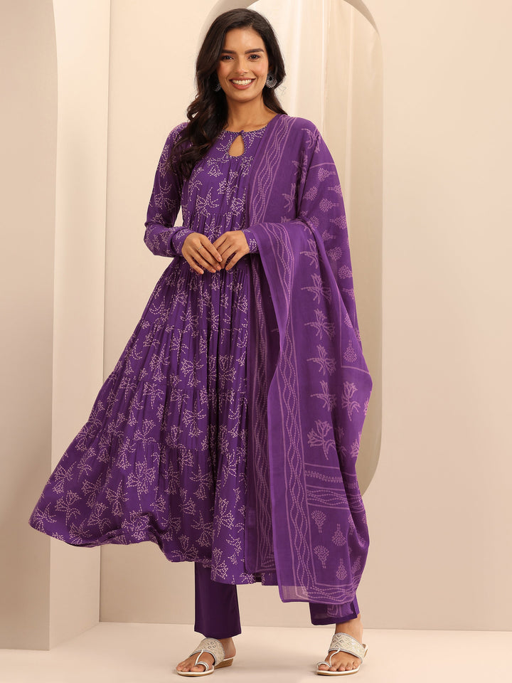 Purple Printed Cotton Anarkali Suit Set With Dupatta
