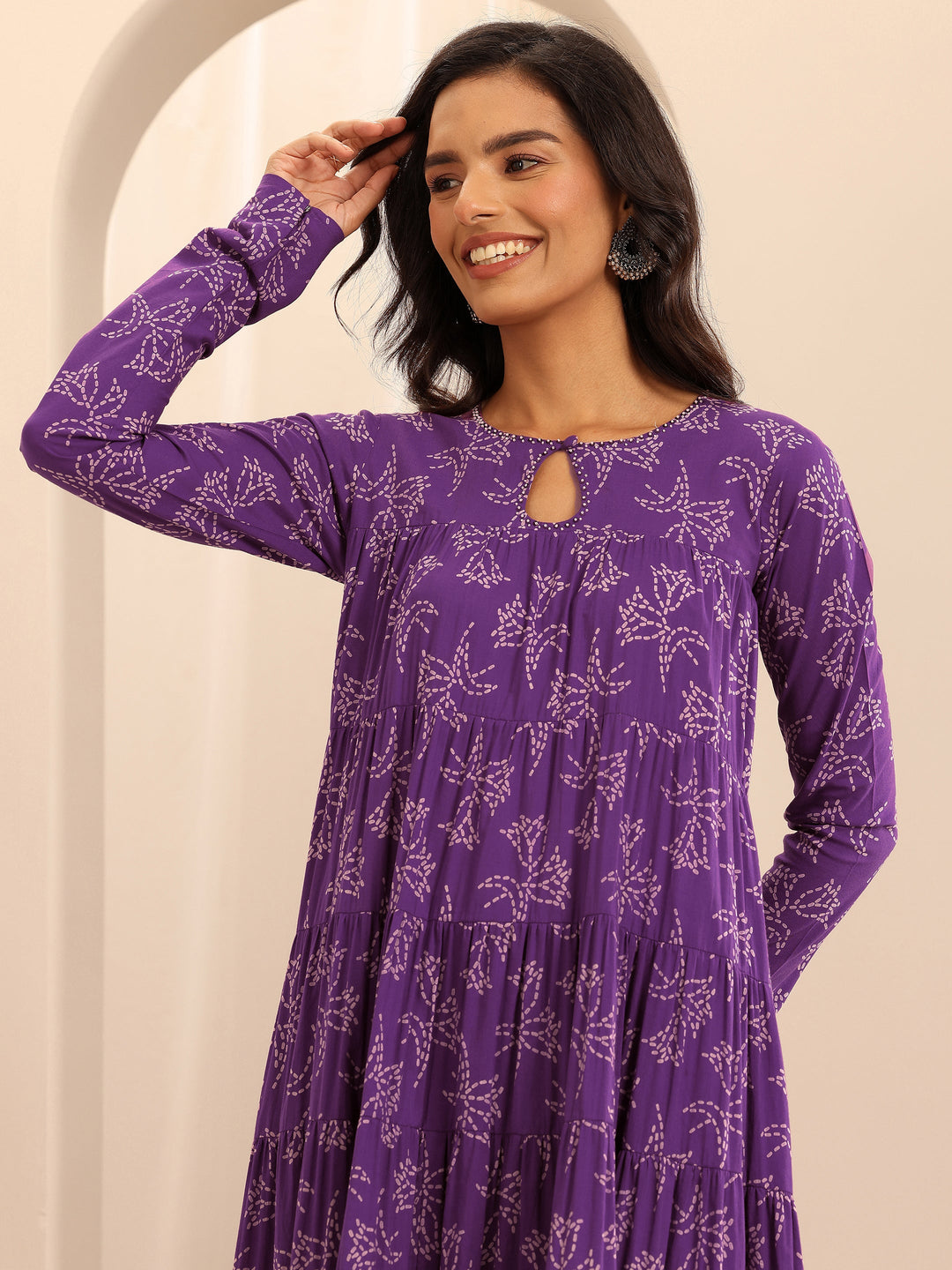 Purple Printed Cotton Anarkali Suit Set With Dupatta