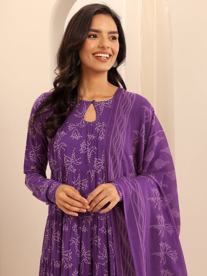 Purple Printed Cotton Anarkali Suit Set With Dupatta
