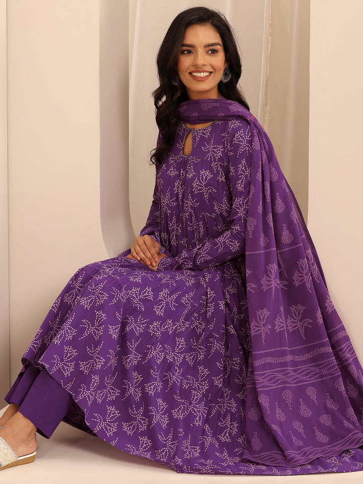 Purple Printed Cotton Anarkali Suit Set With Dupatta