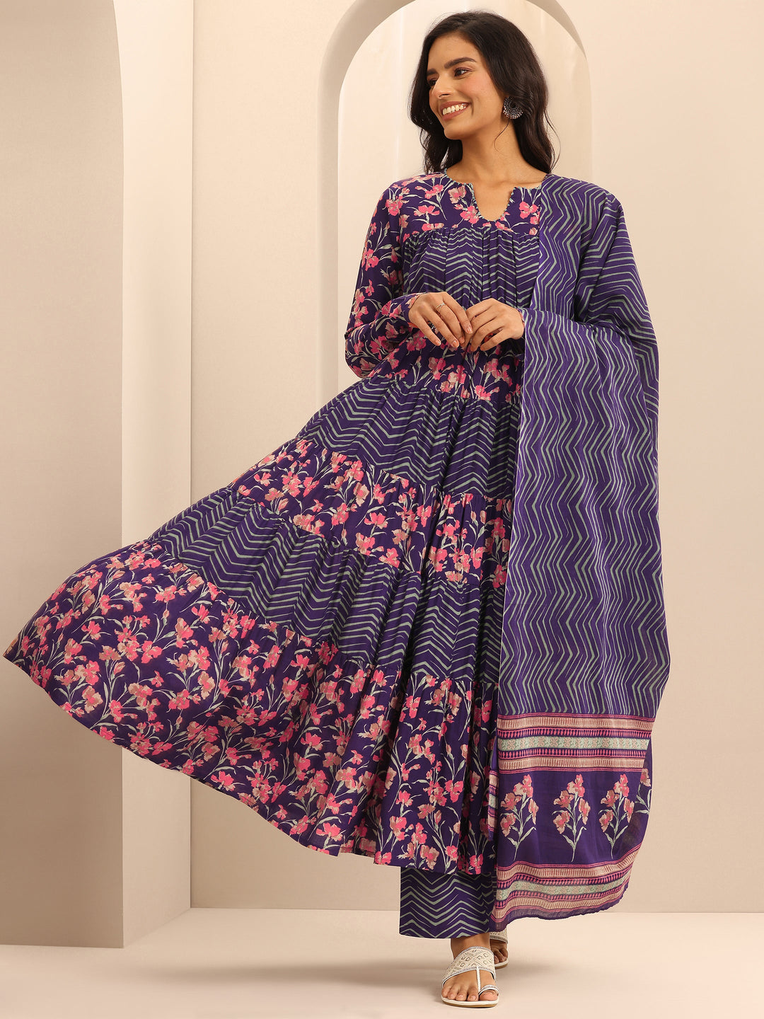 Purple Printed Cotton Anarkali Suit Set With Dupatta