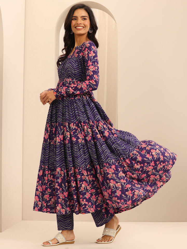 Purple Printed Cotton Anarkali Suit Set With Dupatta