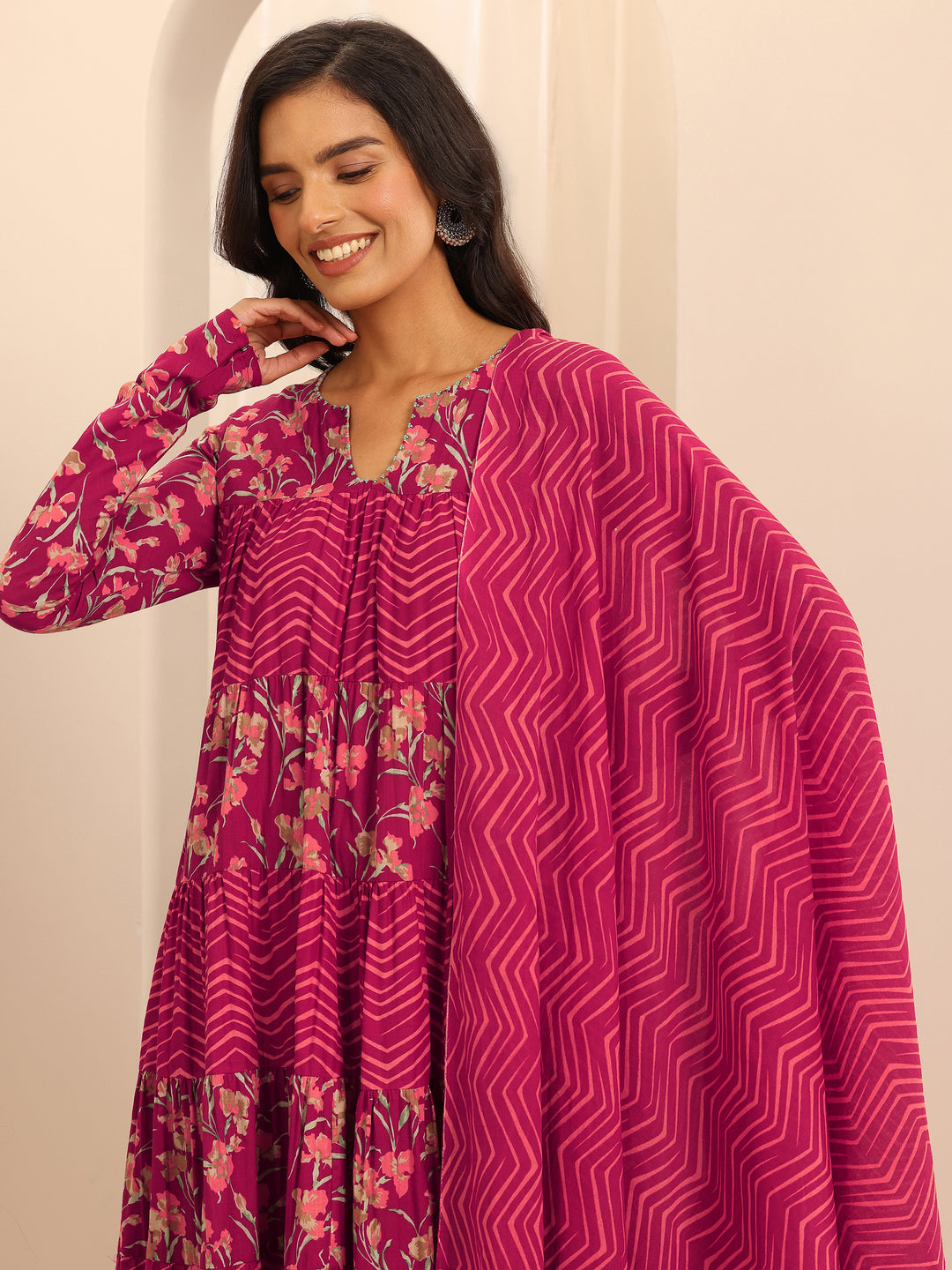 Red Printed Cotton Anarkali Suit Set With Dupatta
