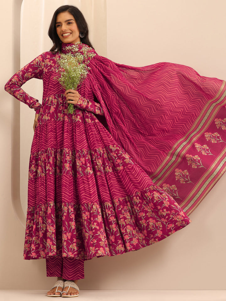 Red Printed Cotton Anarkali Suit Set With Dupatta