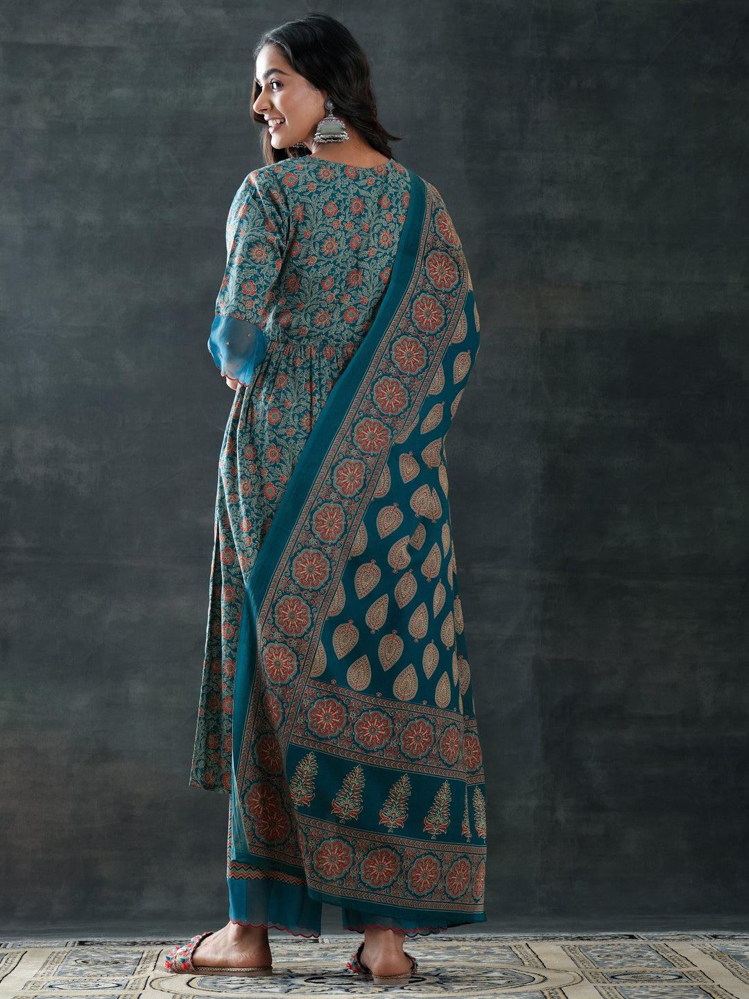 Teal Printed Cotton Anarkali Suit Set With Dupatta