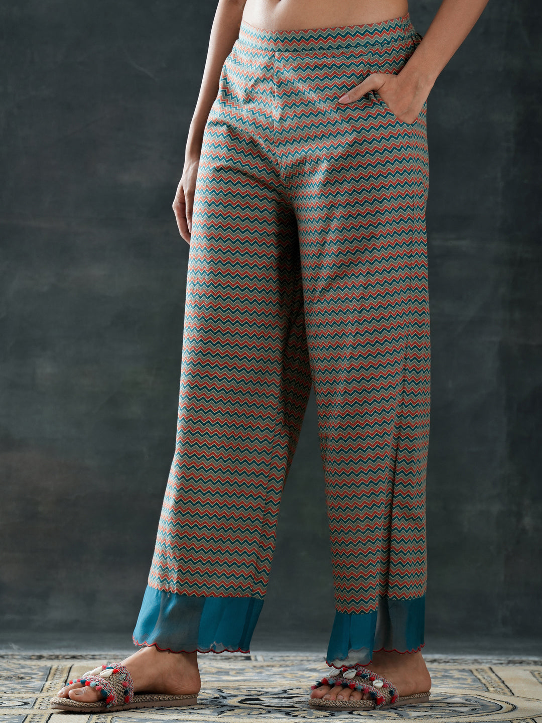 Teal Printed Cotton Anarkali Suit Set With Dupatta