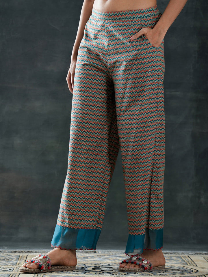 Teal Printed Cotton Anarkali Suit Set With Dupatta