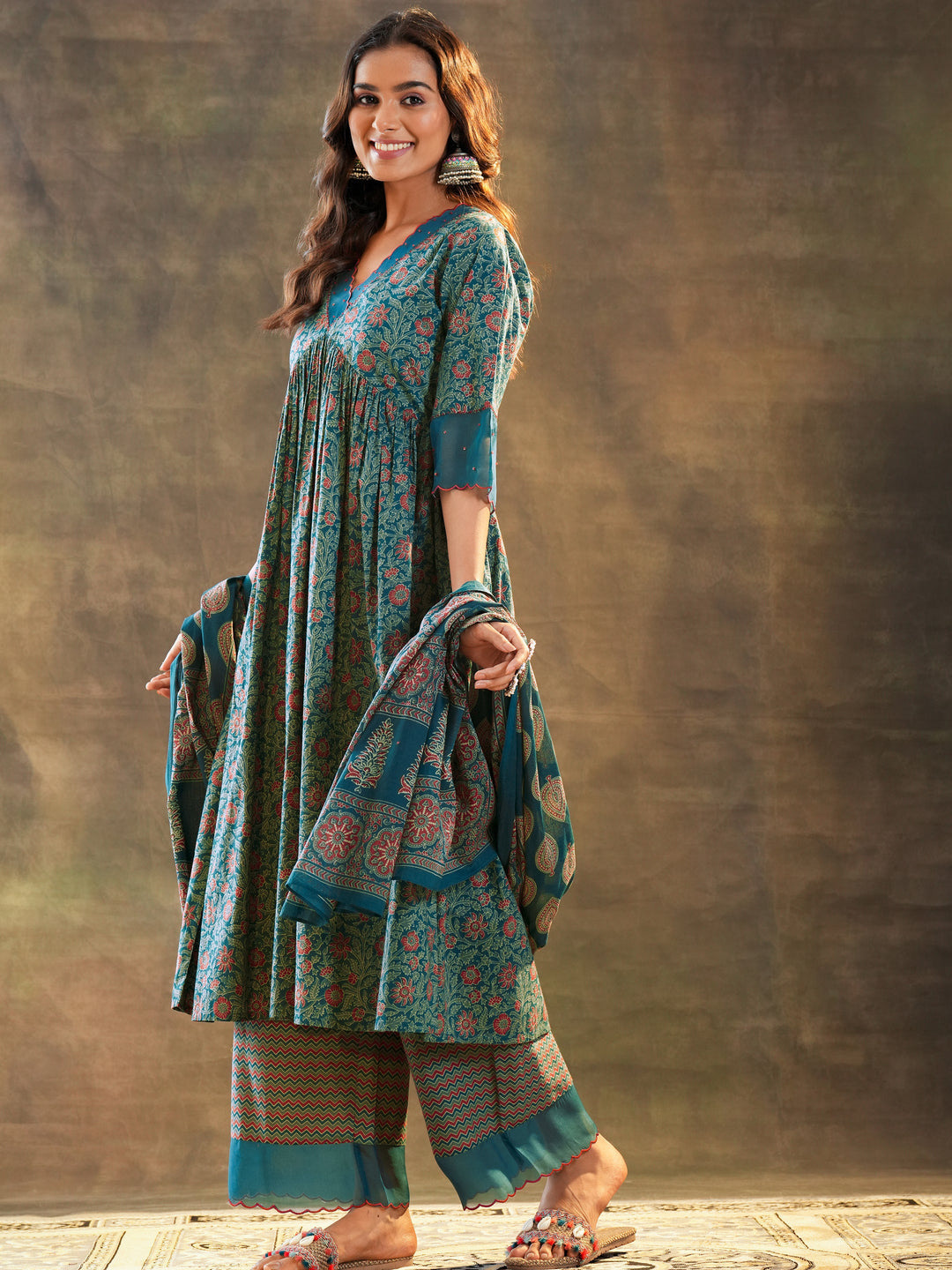 Teal Printed Cotton Anarkali Suit Set With Dupatta