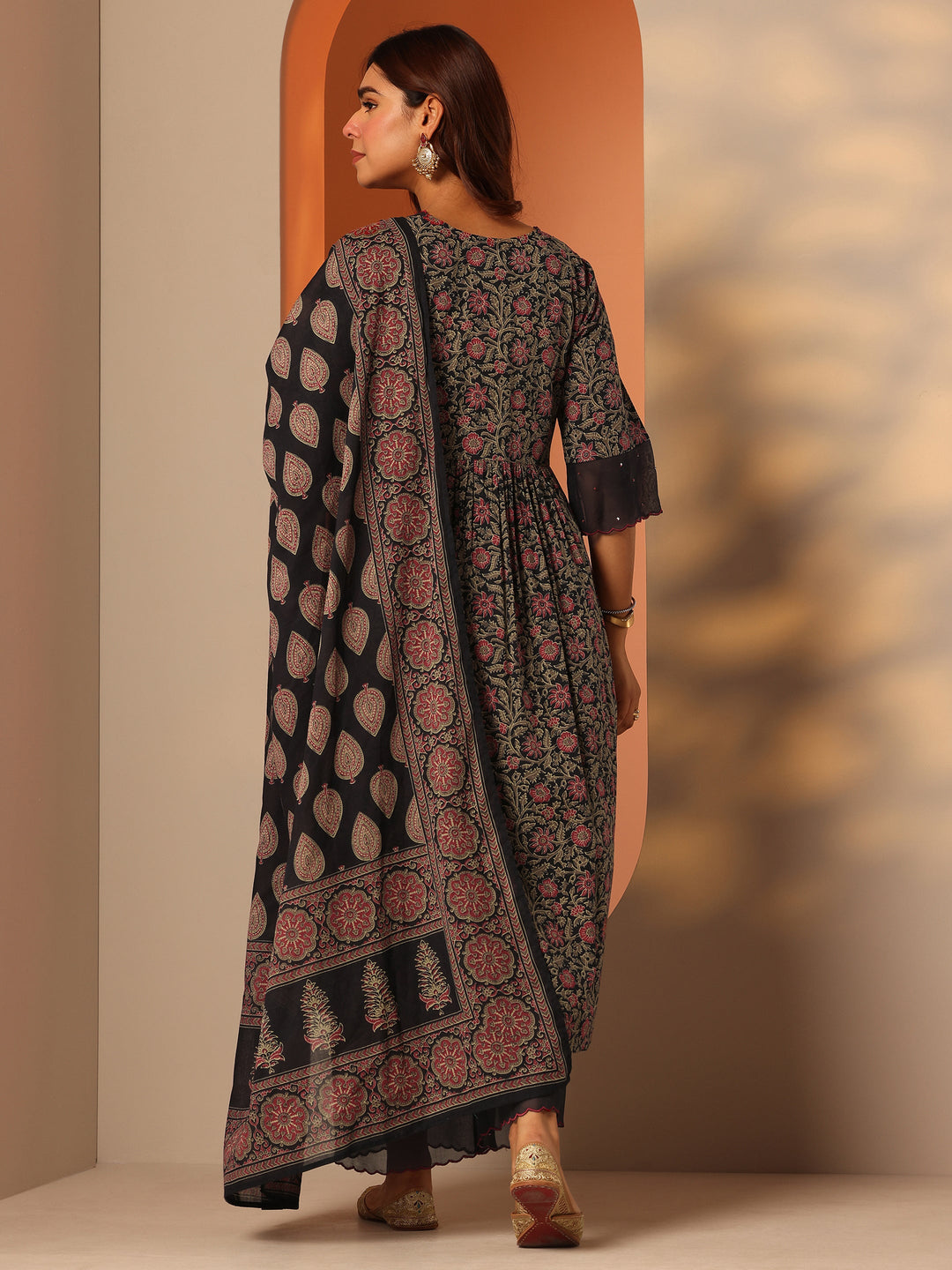 Navy Blue Printed Cotton Anarkali Suit Set With Dupatta