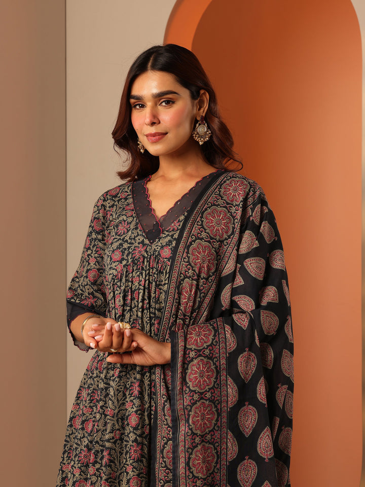 Navy Blue Printed Cotton Anarkali Suit Set With Dupatta