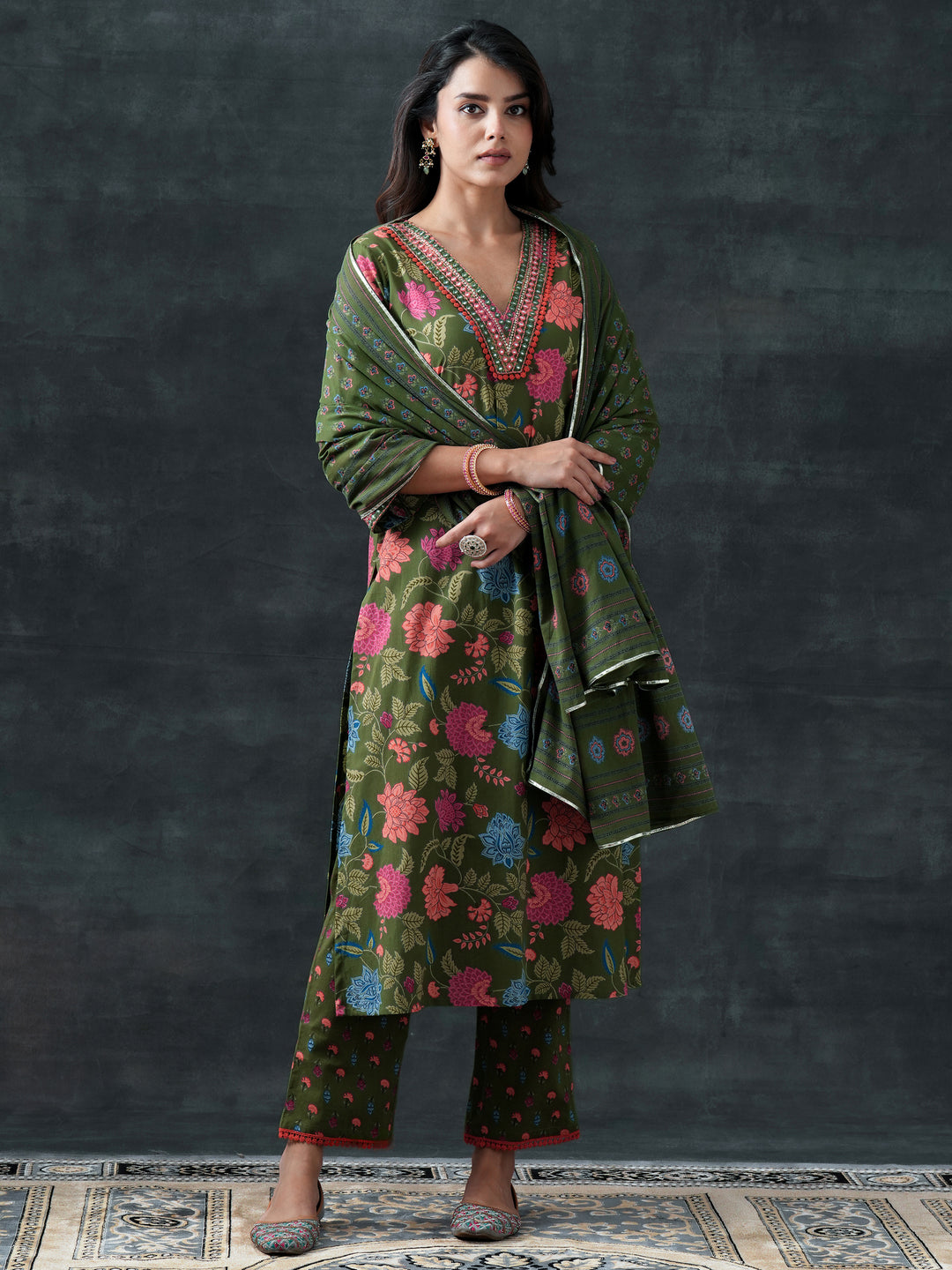 Green Printed Cotton Straight Suit Set With Dupatta