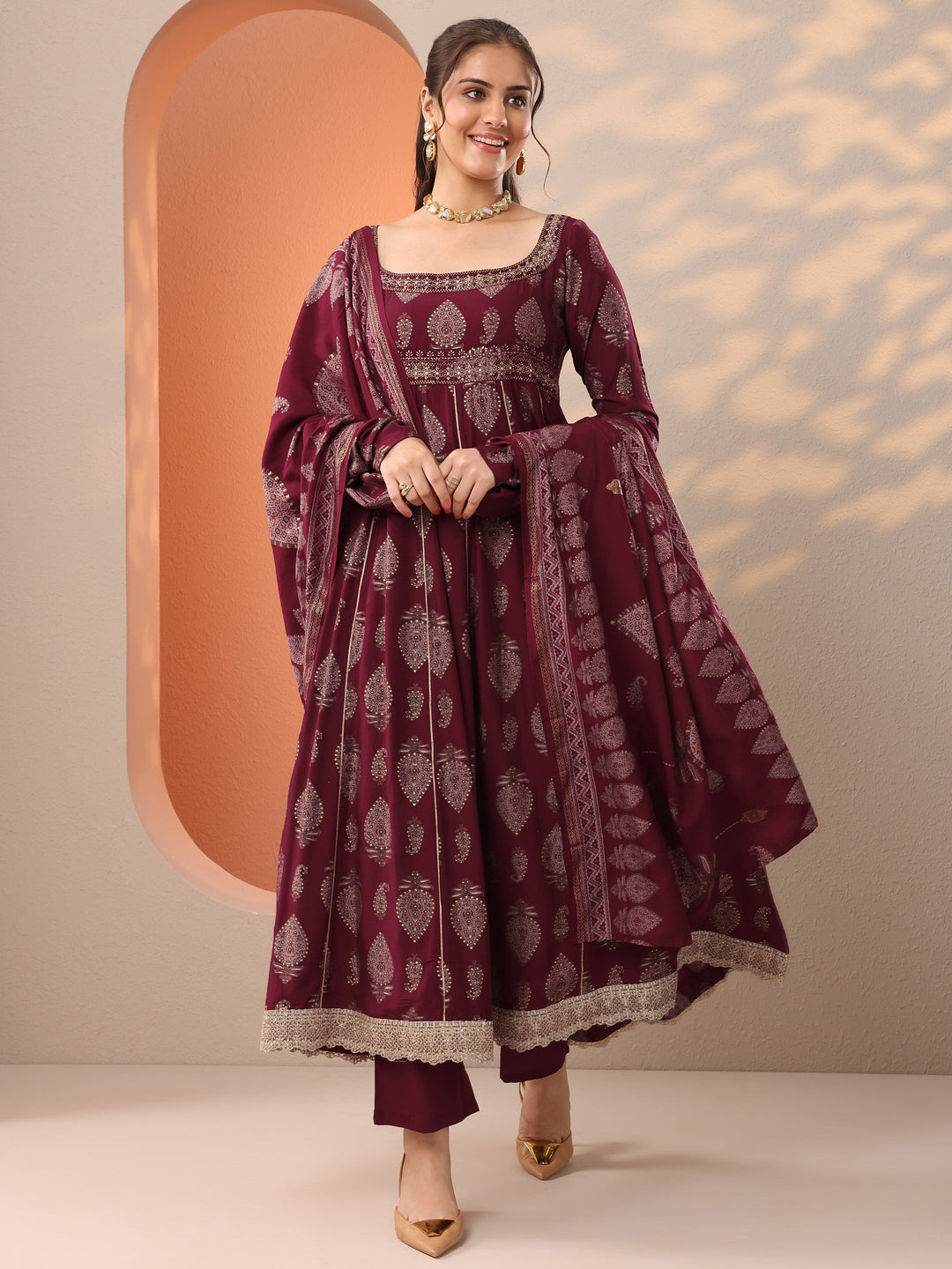 Maroon Printed Silk Blend Anarkali Suit Set With Dupatta