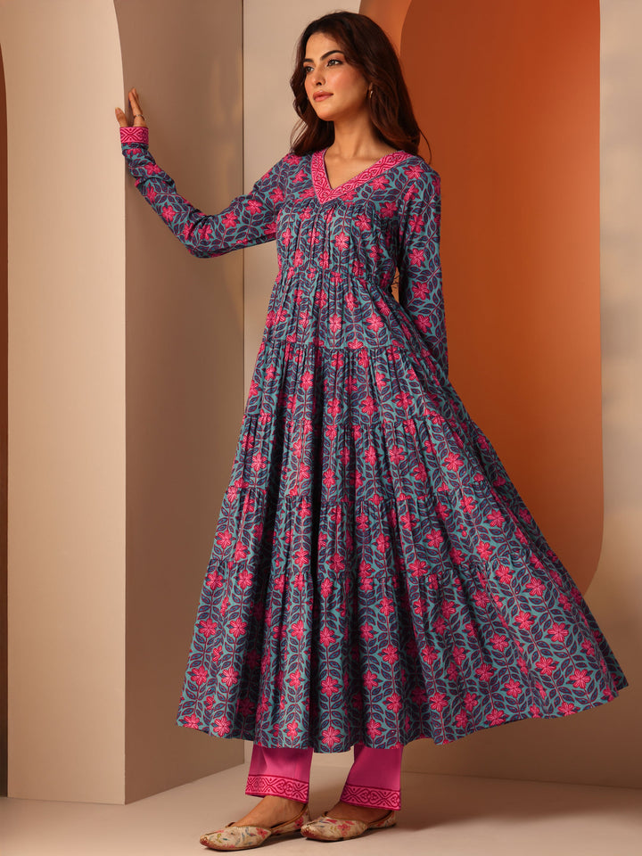 Blue Printed Cotton Anarkali Suit Set With Dupatta