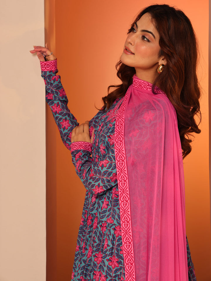 Blue Printed Cotton Anarkali Suit Set With Dupatta