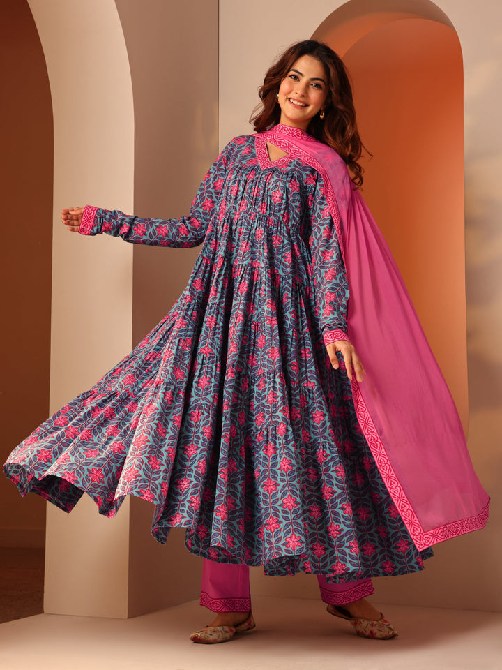 Blue Printed Cotton Anarkali Suit Set With Dupatta