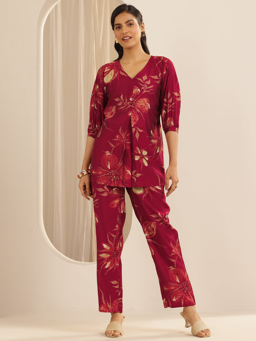 Maroon Printed Silk Blend Co-ord Sets