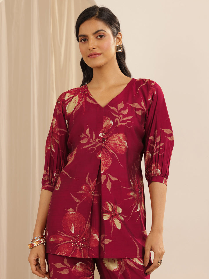 Maroon Printed Silk Blend Co-ord Sets