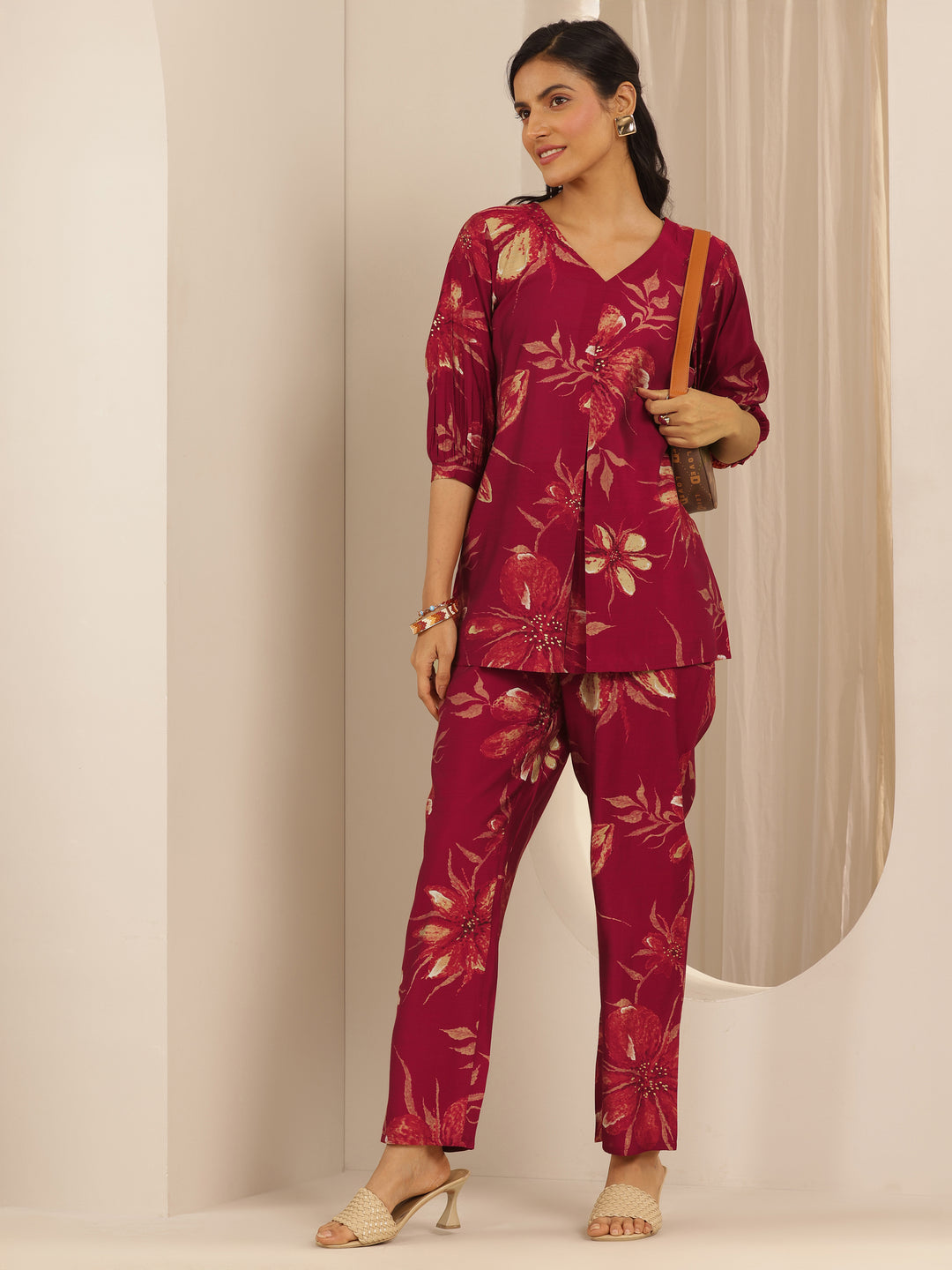 Maroon Printed Silk blend Straight Co-ord Sets