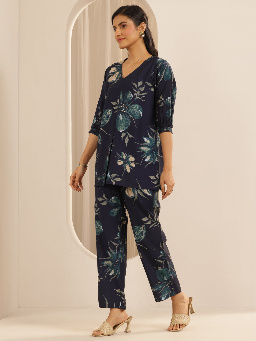 Navy Blue Printed Silk Blend Co-Ord Sets