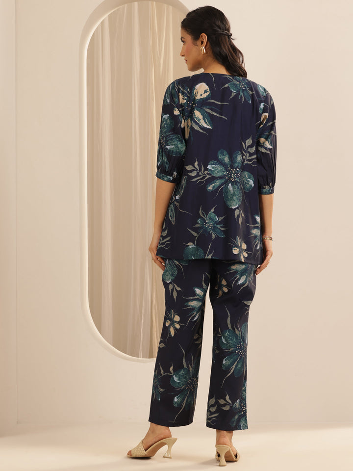 Navy Blue Printed Silk Blend Co-Ord Sets