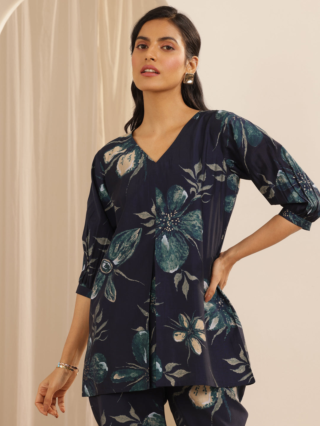 Navy Blue Printed Silk Blend Co-Ord Sets