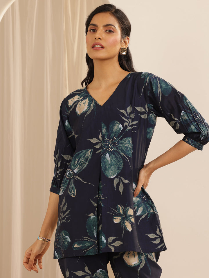 Navy Blue Printed Silk Blend Co-Ord Sets