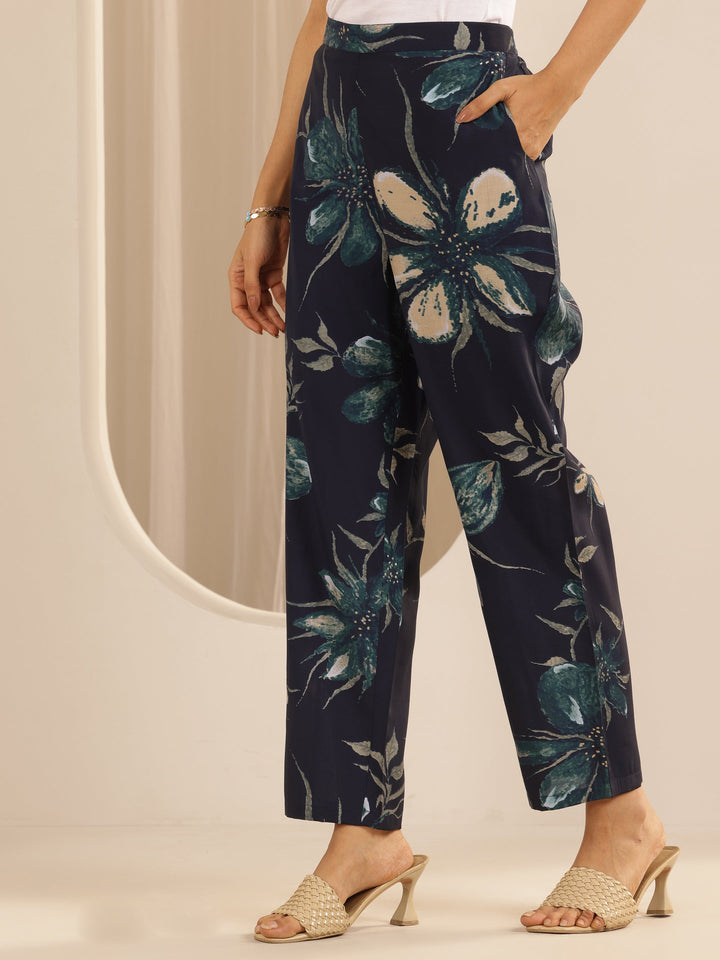 Navy Blue Printed Silk Blend Co-Ord Sets