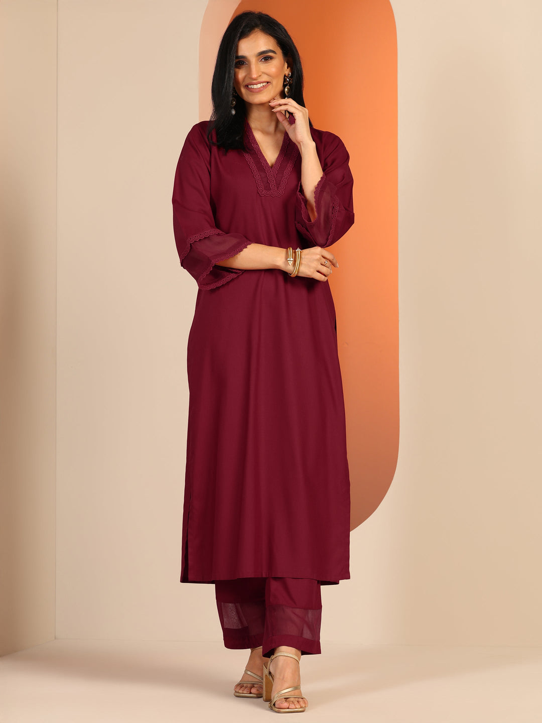 Maroon Embellished Rayon Co-Ord Sets