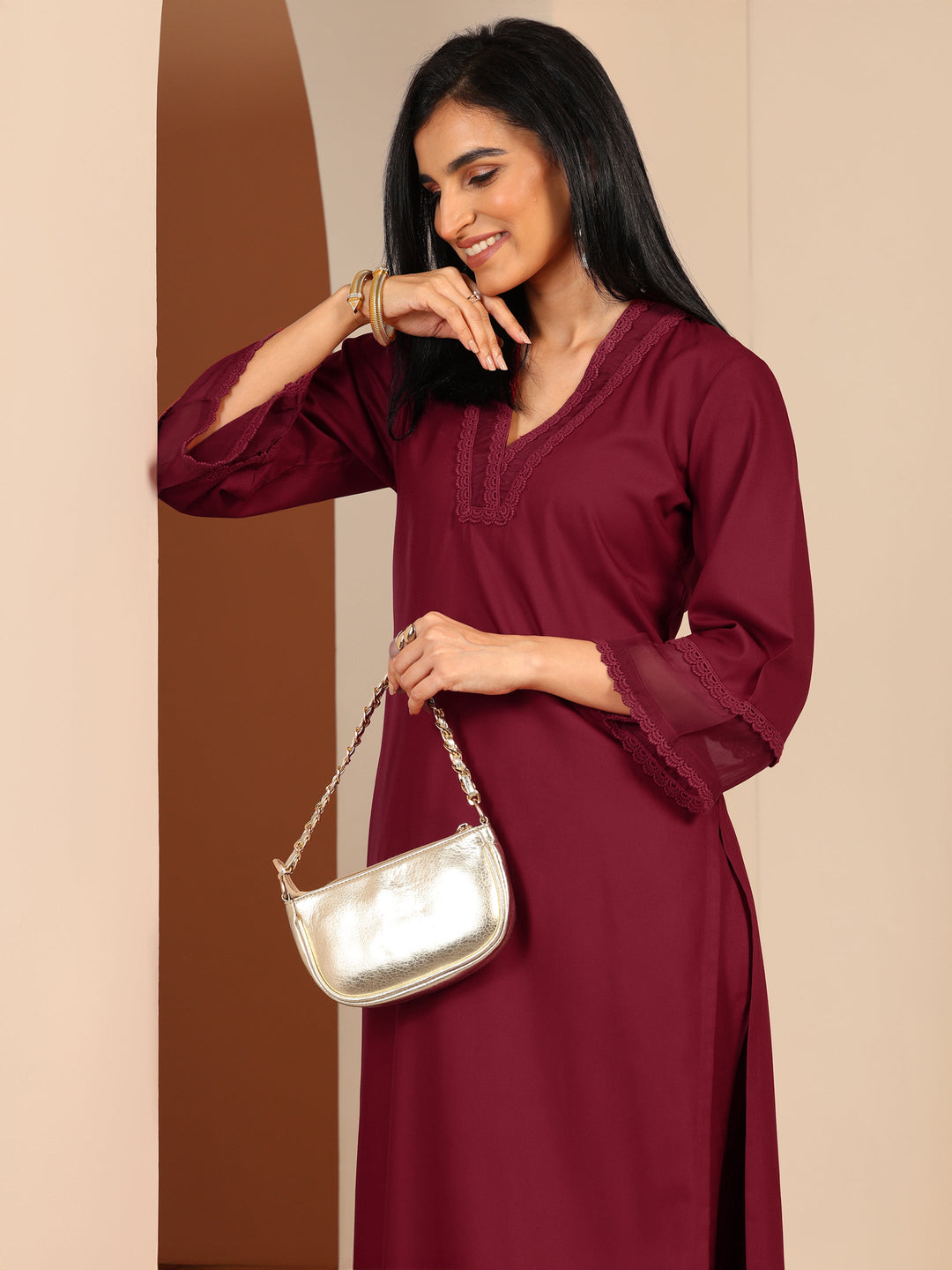 Maroon Embellished Rayon Co-Ord Sets