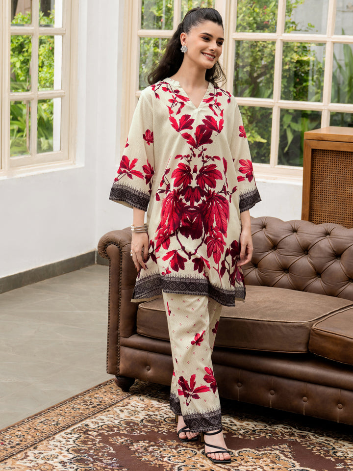 Off White Printed Cotton Blend Co-Ord Sets