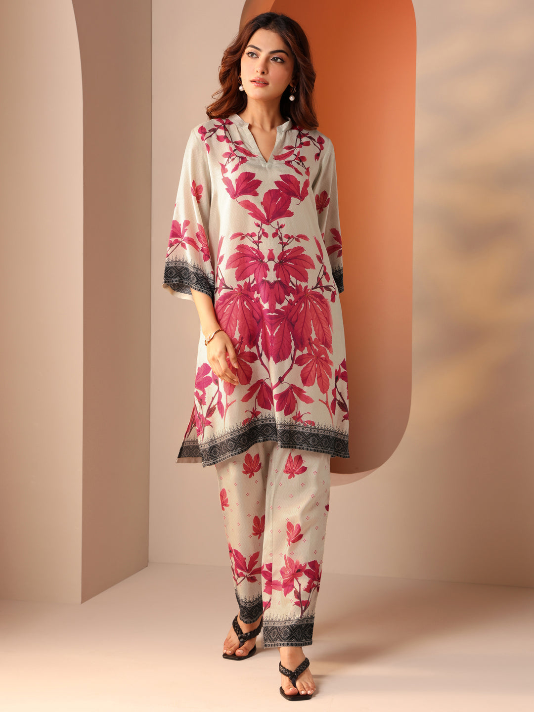 Off White Printed Cotton Blend Co-Ord Sets