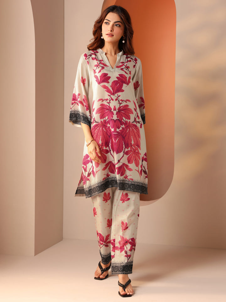 Off White Printed Cotton Blend Co-Ord Sets