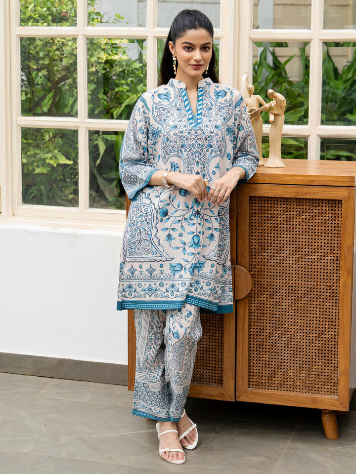 Off White Printed Cotton Blend Co-Ord Sets