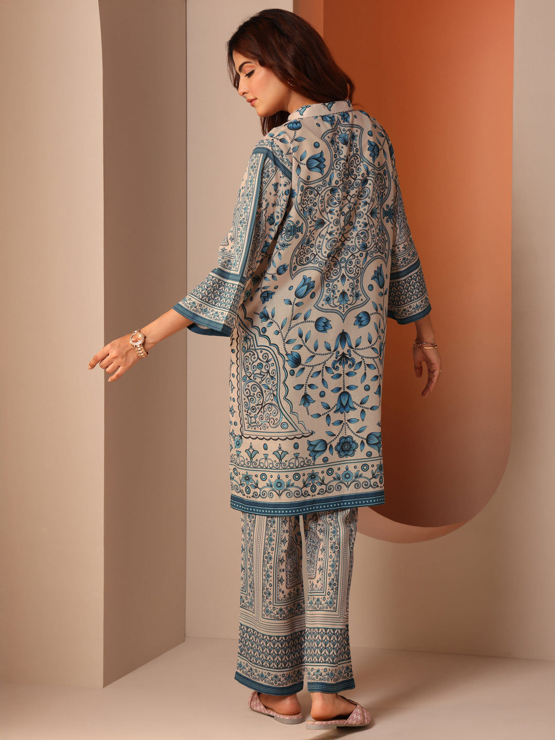 Off White Printed Cotton Blend Co-Ord Sets