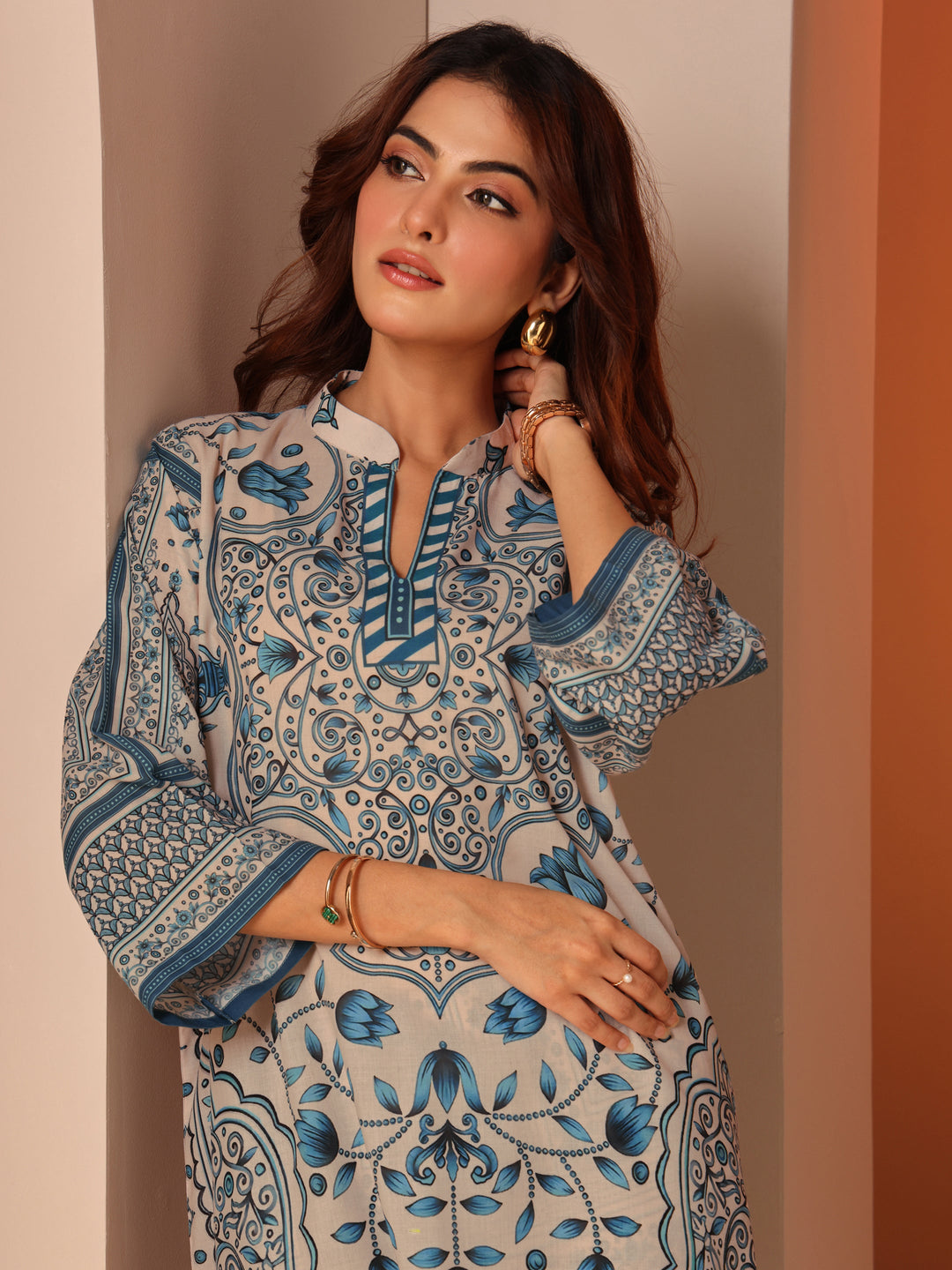 Off White Printed Cotton Blend Co-Ord Sets