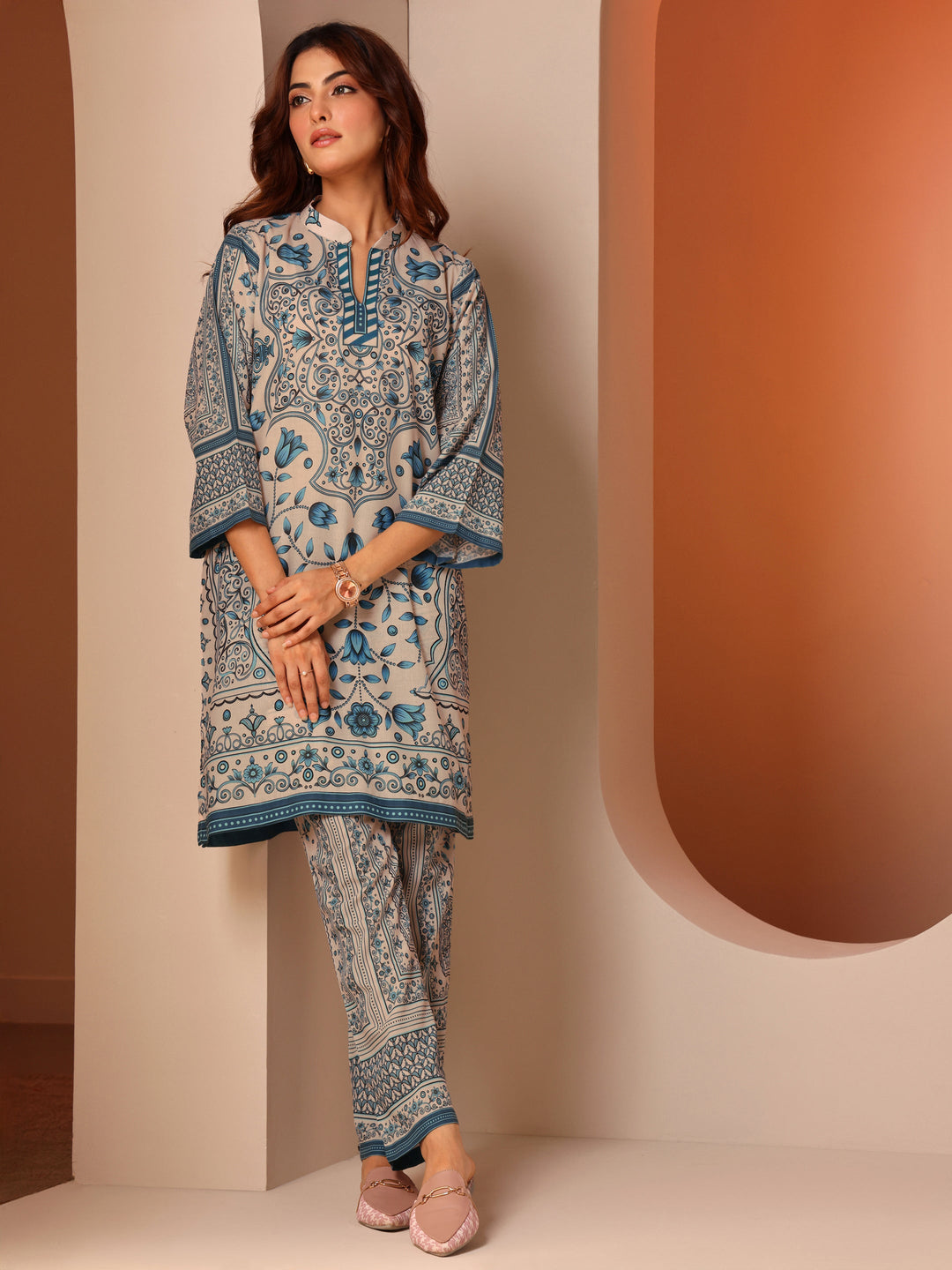 Off White Printed Cotton Blend Co-Ord Sets