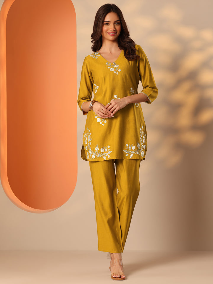 Mustard Embroidered Silk Blend Co-Ord Sets