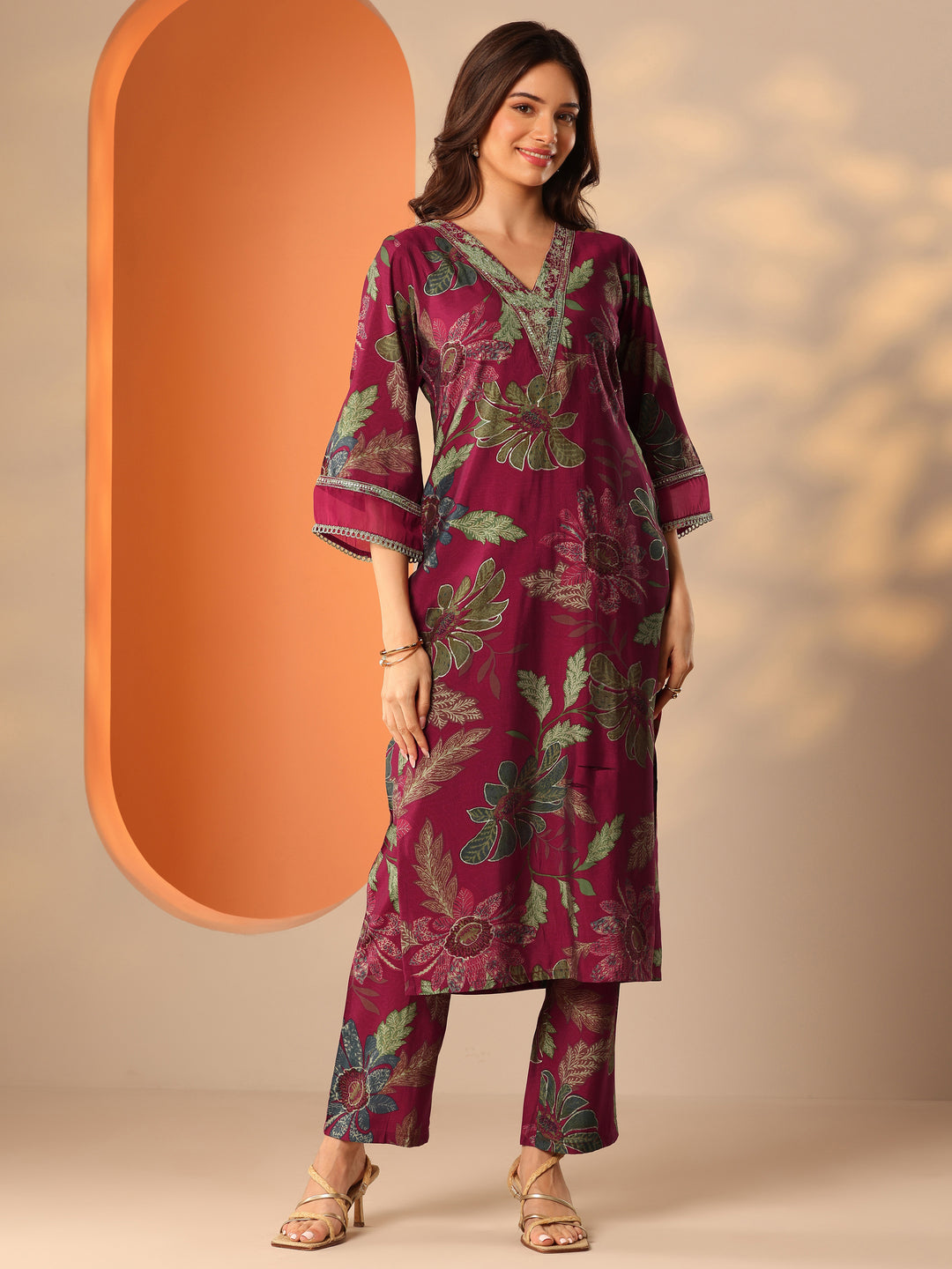 Maroon Printed Silk Blend Co-Ord Sets