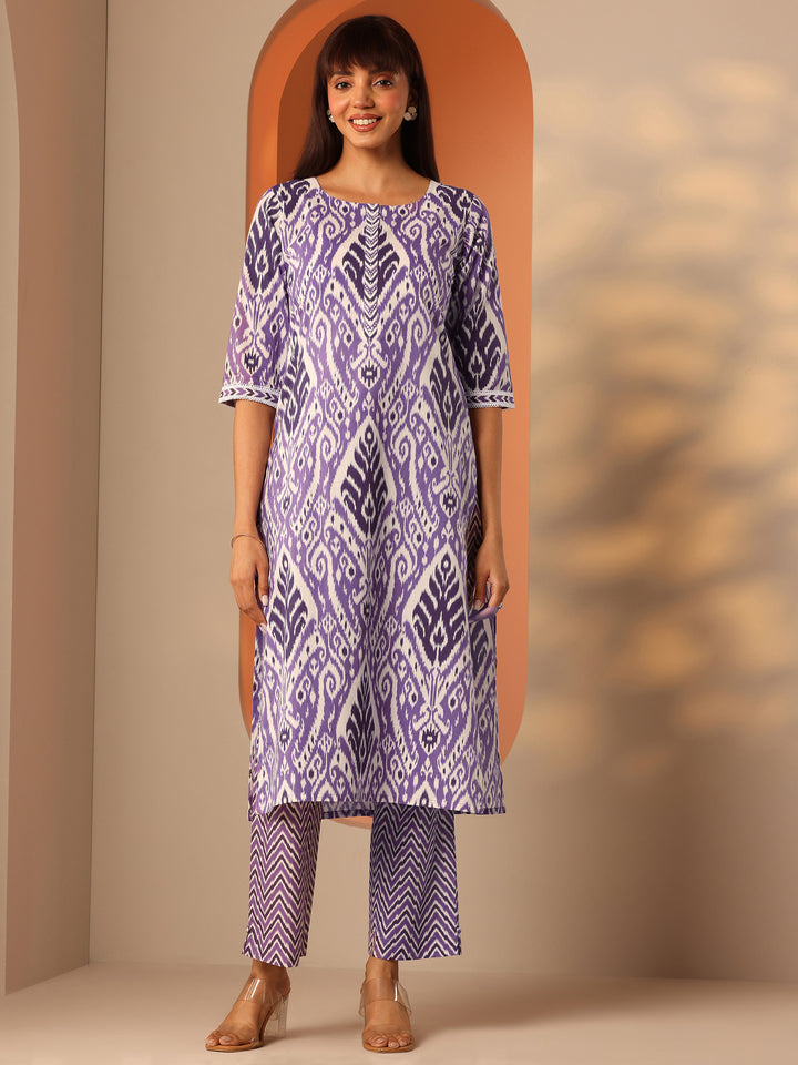 Lavender Printed Cotton Straight Kurta Set