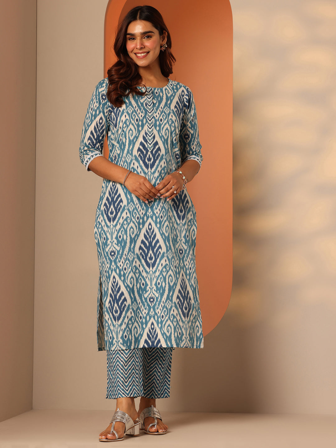 Blue Printed Cotton Straight Kurta Set