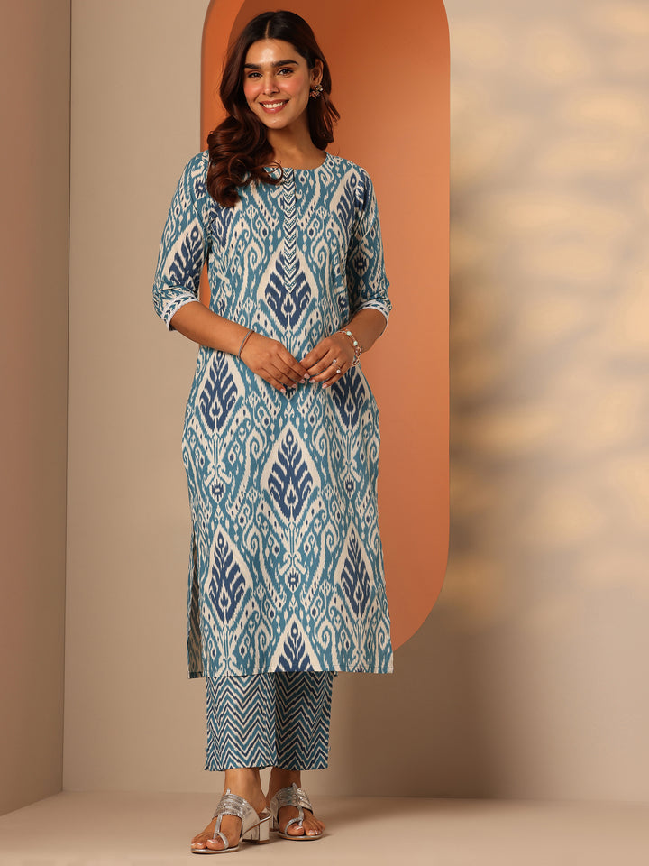 Blue Printed Cotton Straight Kurta Set