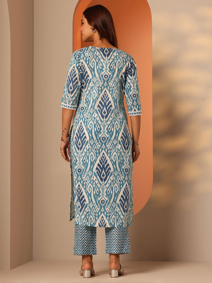 Blue Printed Cotton Straight Kurta Set