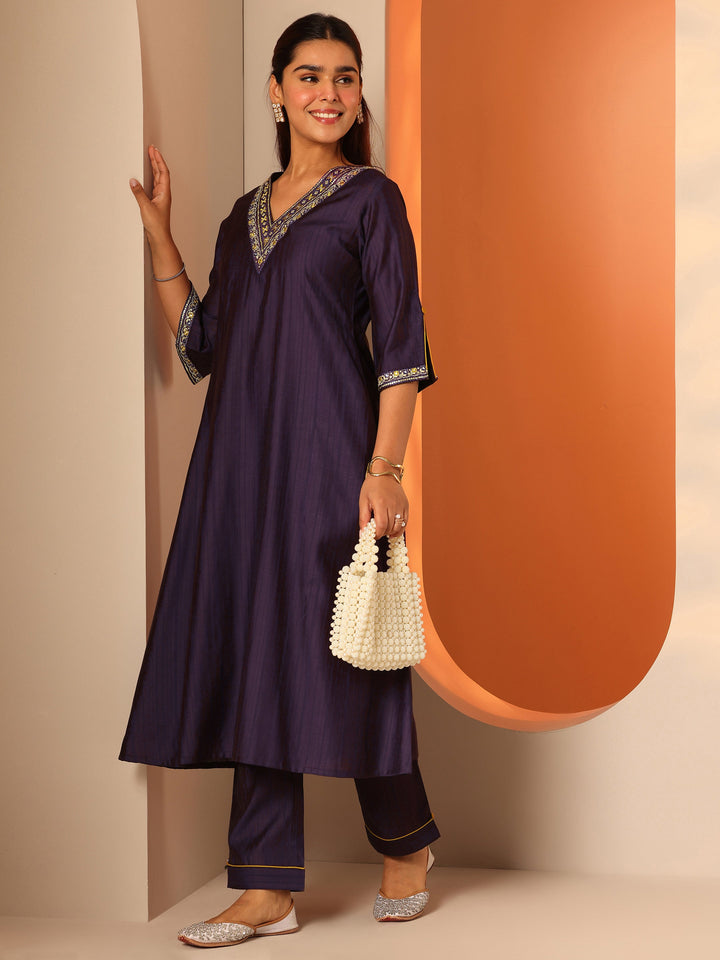 Purple Embellished Silk Blend A-Line Kurta Set