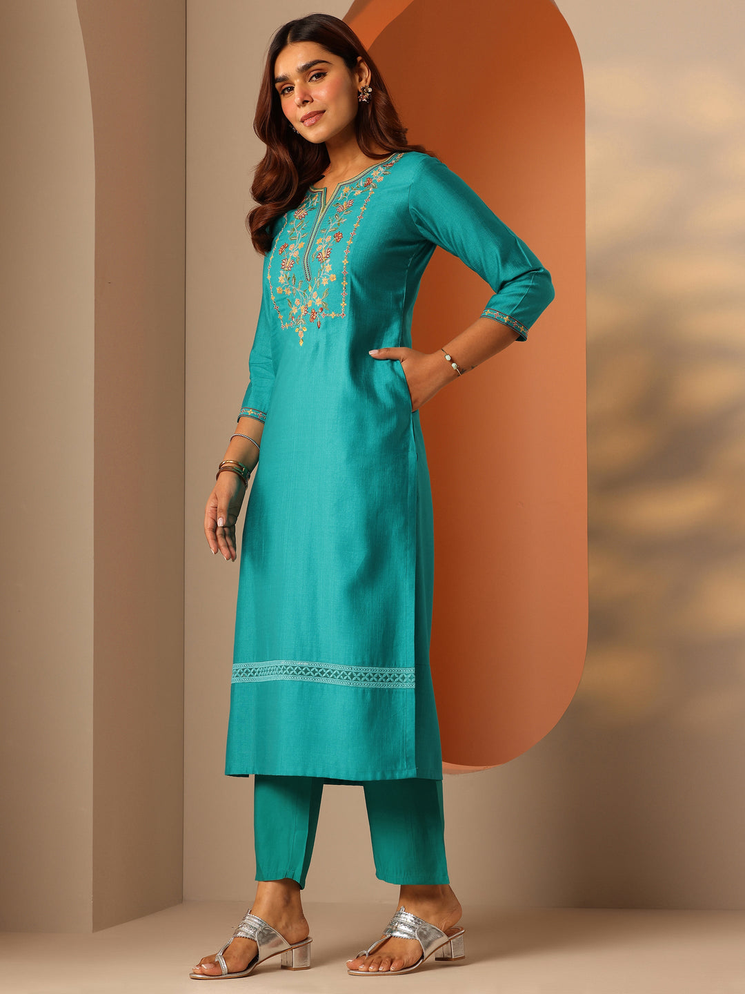 Turquoise Blue Embroidered Silk Blend Straight Kurta Set
