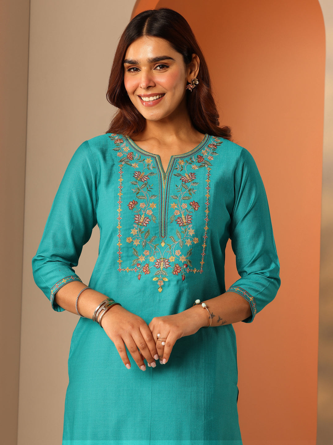 Turquoise Blue Embroidered Silk Blend Straight Kurta Set